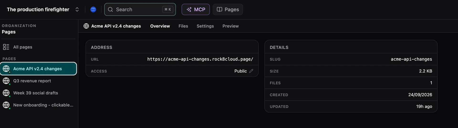 The Overview tab of a page: its URL at acme-api-changes.rock8cloud.page, public access, slug, size, file count and dates