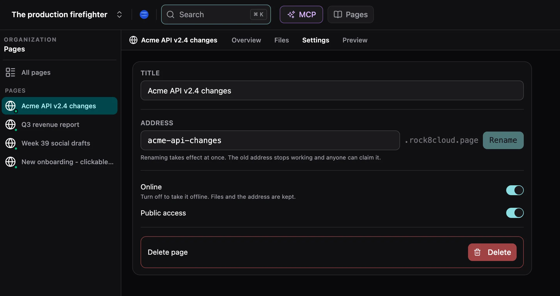 Page settings in the Rock8Cloud dashboard: title, the acme-api-changes.rock8cloud.page address with a Rename button, and switches for Online and Public access